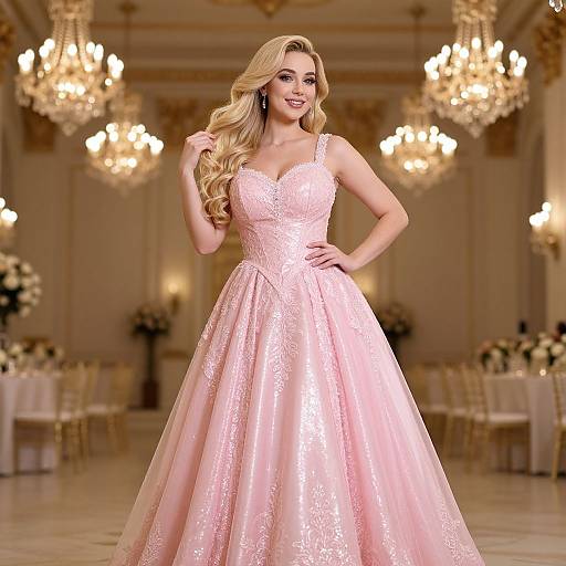 Elegant Pink Gown in Grand Ballroom