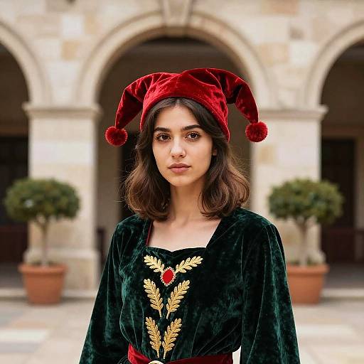 Photograph of a young woman with medium skin tone, dark brown wavy hair, wearing a red velvet jester hat and black velvet shirt with gold