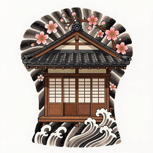Traditional Japanese house illustration with a dark tiled roof, cherry blossoms, and black wave patterns below, featuring wooden doors and windows.