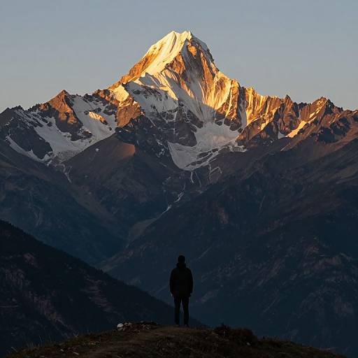 Photograph of a solitary hiker silhouetted against a sunlit, snow-capped mountain peak at sunrise, with dark, shadowed mountains