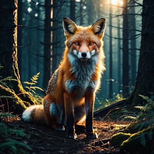Fox Sitting in Sunlit Forest