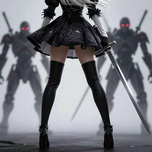 Digital anime artwork of a silver-haired woman in black gothic dress, thigh-high boots, and sword, facing three shadowy, red-eyed armored figures