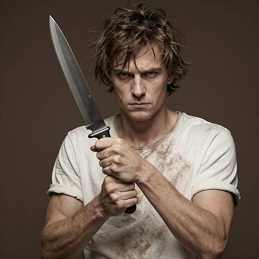Man Holding Large Knife with Serious Expression