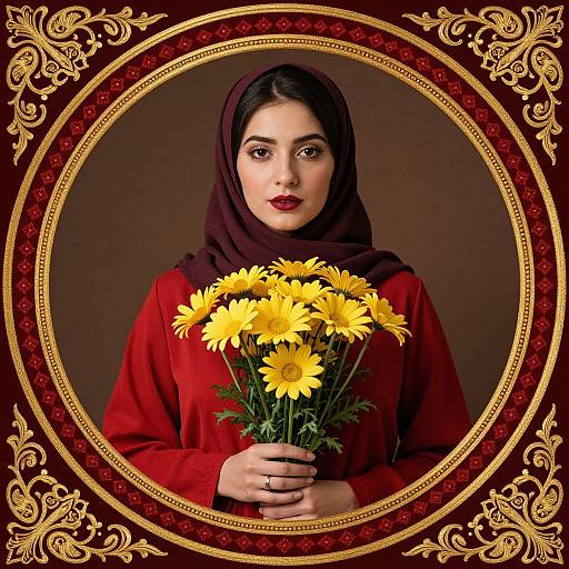 Photograph of a young woman with medium skin, dark eyes, and red lipstick, wearing a burgundy hijab and red dress, holding a bouquet