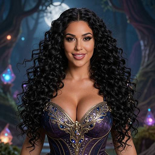 Photorealistic CGI of a smiling woman with long curly black hair, wearing a low-cut, ornate purple corset with gold and blue details,