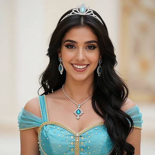 Photograph of a smiling, dark-haired woman in a blue, off-shoulder tiara-adorned dress with gold trim, turquoise jewelry,