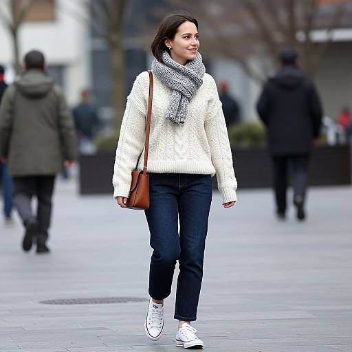 Photograph of a woman with dark hair, white fluffy sweater, gray scarf, black jeans, white sneakers, brown shoulder bag, walking outdoors in a