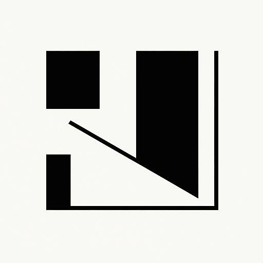 Abstract geometric black and white graphic with three black squares and a diagonal black line intersecting a white shape.