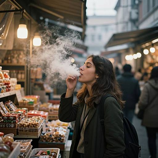 Photograph of a young woman with wavy brown hair, smoking a cigarette, standing in a bustling outdoor market with blurred shoppers and stalls filled with colorful