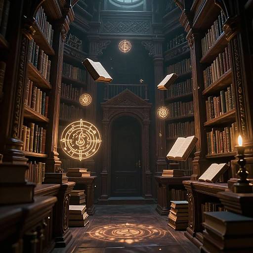 Photograph of a dimly lit, ornate library with glowing magical symbols on shelves, illuminated books, and circular illuminated runes on the floor.