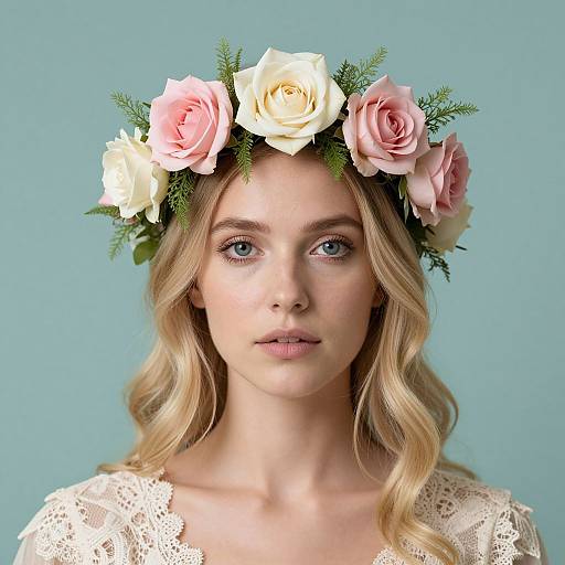 Photograph of a blonde woman with blue eyes, wearing a white lace top, and a floral crown with pink and white roses.