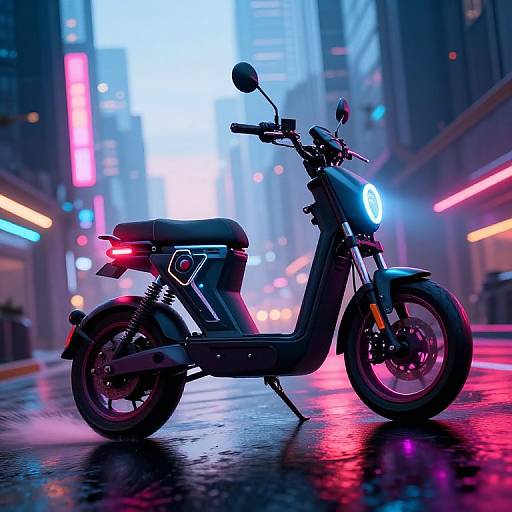 Neon-lit urban night scene photograph of a sleek, black scooter with glowing blue headlight, positioned on a wet, reflective street. Vibrant
