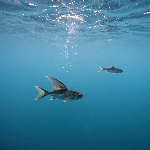 Photograph of two silver fish swimming in clear, blue underwater ocean, sunlight filtering from above, creating sparkling reflections.