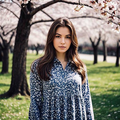 Woman in Floral Dress Under Cherry Blossoms