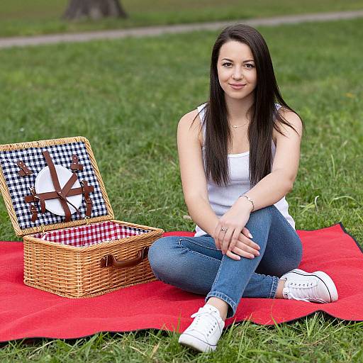 Photograph of a smiling brunette woman with long hair, wearing a white tank top, blue jeans, and white sneakers, sitting on a red picnic blanket