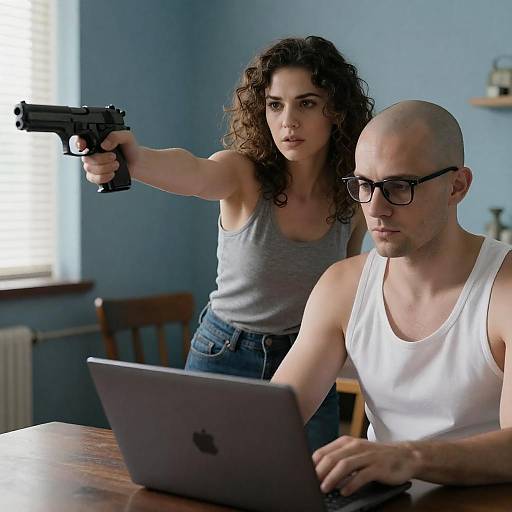 Woman Pointing Gun While Man Uses Laptop Indoors