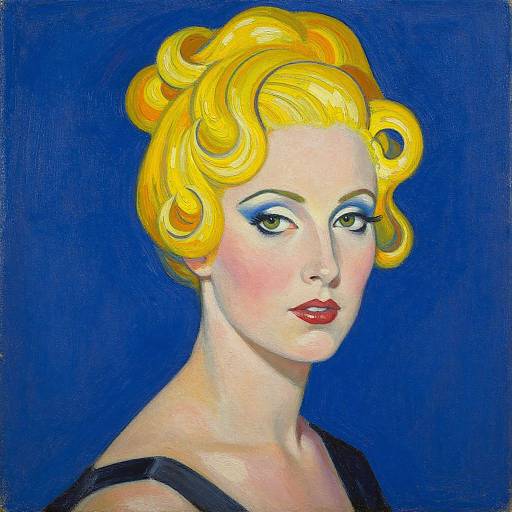 Digital painting of a fair-skinned woman with vibrant yellow, curled blonde hair, bold blue eye shadow, red lipstick, and black strap dress, against