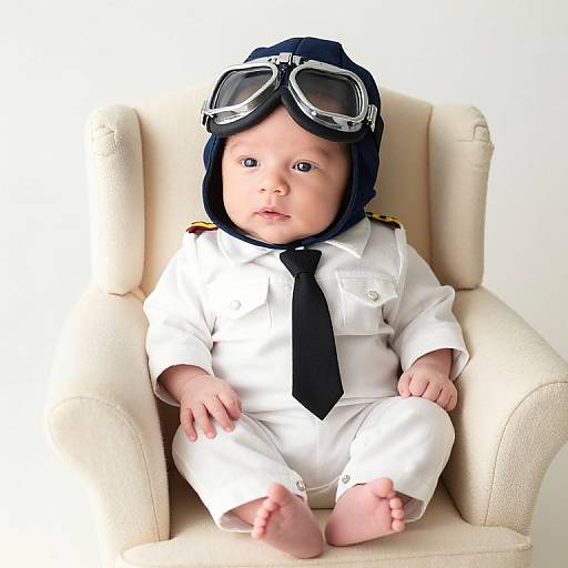 Photograph of an adorable baby in a white pilot outfit with a black tie, navy cap, and aviator goggles, seated in a cream armchair