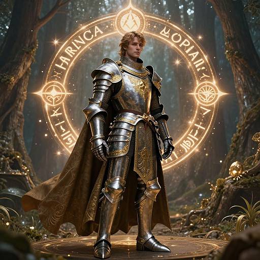 Photorealistic CGI: Brave, blonde-haired man in ornate, silver armor with golden accents, standing in enchanted forest, glowing circular runes behind him