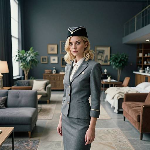 Photograph of a blonde woman in a grey business suit and black pilot hat standing in a modern, stylish living room.