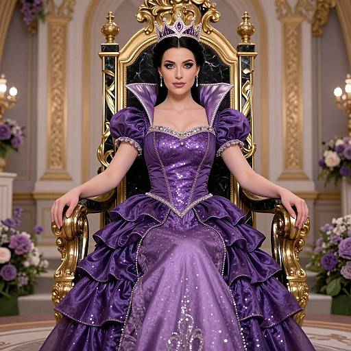Digital art of a regal woman in a sparkling purple, ruffled ball gown, seated on an ornate gold throne, with baroque-style background
