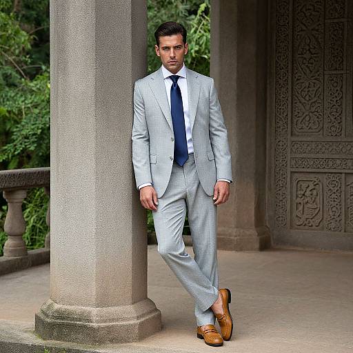 Photograph of a handsome, dark-haired man in a light gray suit, blue tie, and brown shoes, leaning against a stone pillar in an orn