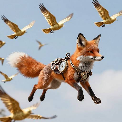 Fantasy illustration of a clockwork fox with golden gears, flying among golden eagles against a clear blue sky.