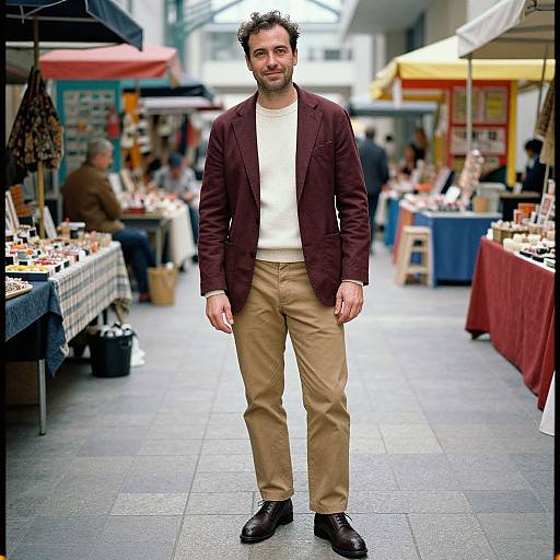 Photograph of a bearded man with curly hair, wearing a maroon blazer, white shirt, beige pants, and black shoes, standing in