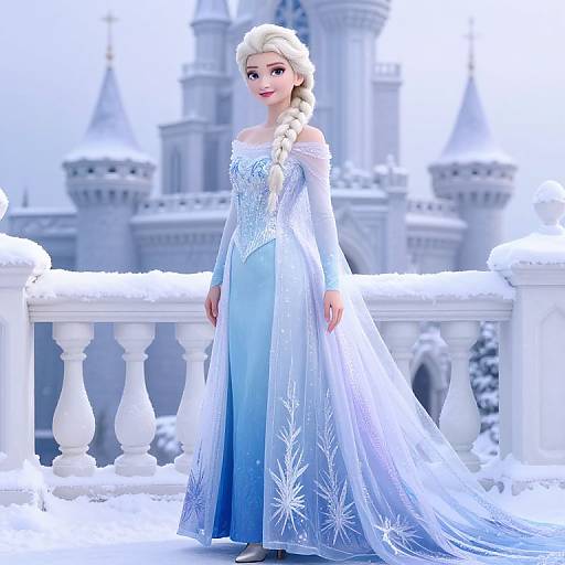 Digital CGI of Elsa from Frozen, in an icy blue off-shoulder gown with snowflake patterns, standing in front of a snow-covered castle.