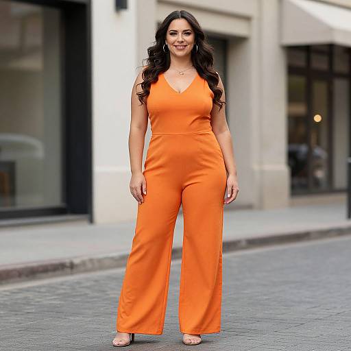 Photograph of a smiling woman with long, wavy dark hair in an orange, sleeveless jumpsuit standing on a city street.