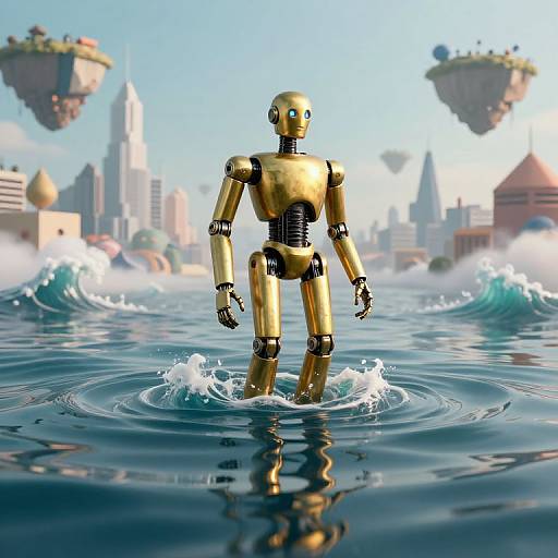 Photorealistic CGI of a golden robot standing in ocean waves, with floating islands and a futuristic cityscape in the background.