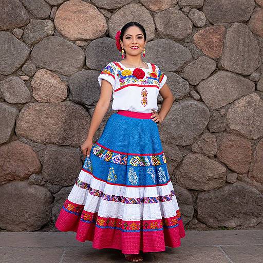 Photograph of a smiling Latina woman in traditional Mexican attire, with a white blouse, blue skirt, red accents, and colorful embroidery, standing against a