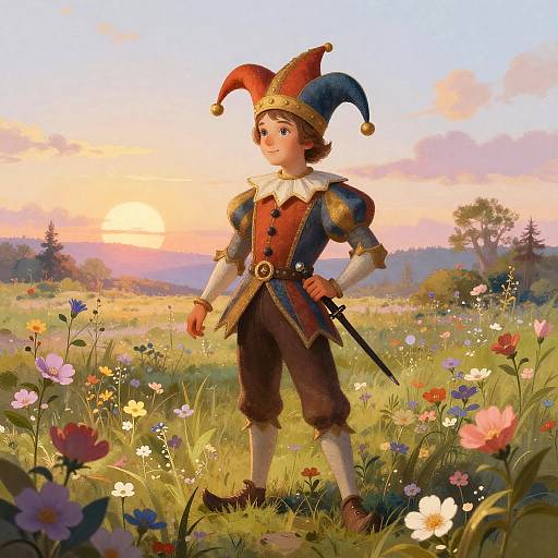 Whimsical Gentle Jester in Flower Meadow