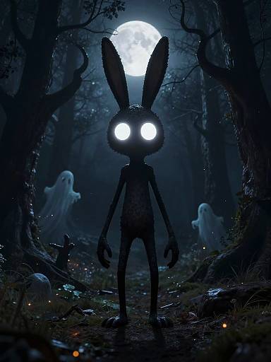Digital art: Silhouetted bunny with glowing eyes stands in dark, eerie forest under full moon, surrounded by ghostly figures and glowing orbs.