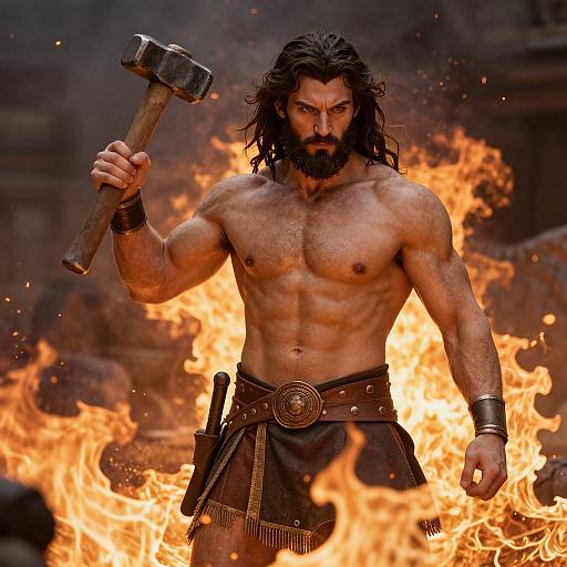 Muscular bearded warrior with long dark hair, holding a hammer, stands in fiery background, wearing brown leather loincloth with bronze belt, in