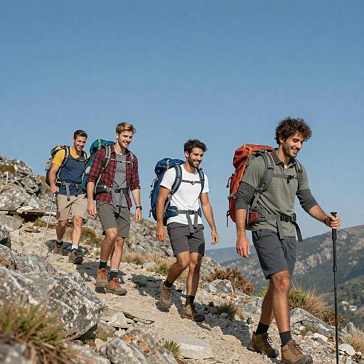 Adventurous Young Men Hiking Rugged Trail