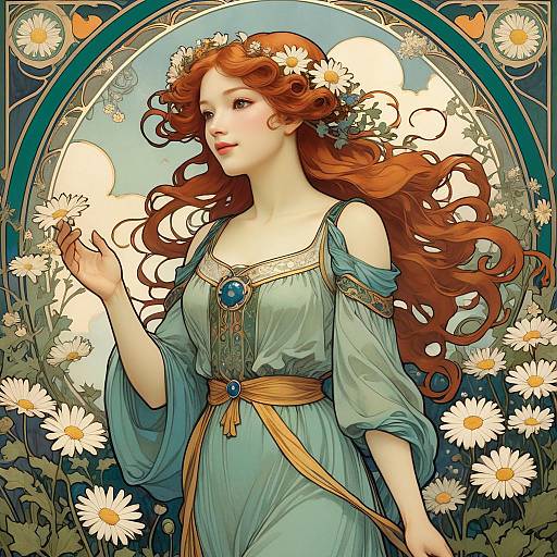 Art Nouveau Woman in Daisies Garden