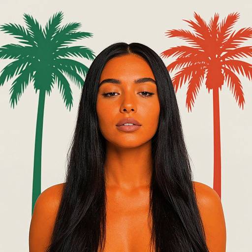 Photograph of a young Black woman with long straight black hair, orange-brown skin, and neutral expression, set against a white background with green and