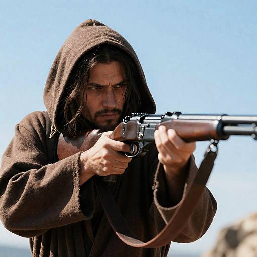 Rugged Warrior Aiming Under Blue Sky