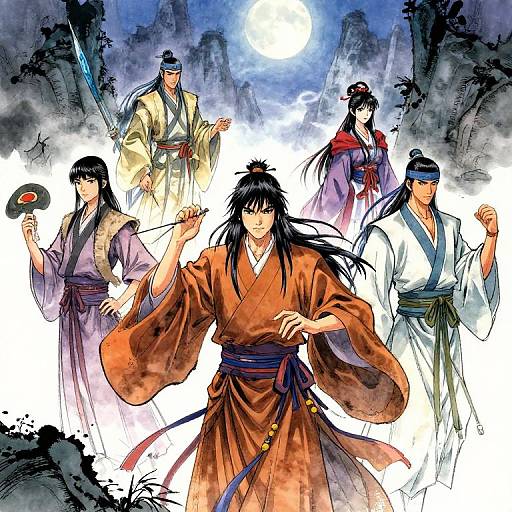 Anime-style illustration of six samurai in traditional kimonos, with a full moon in the night sky, standing in a dramatic, misty forest
