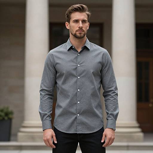Man in Gray Shirt by Building