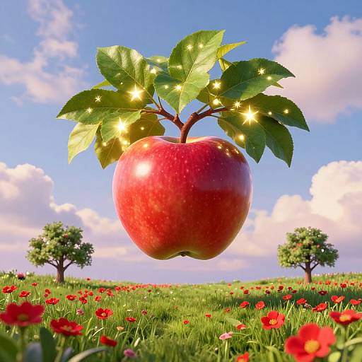 Photograph of a glowing red apple with green leaves floating above a field of red flowers and green grass under a bright blue sky with fluffy clouds.