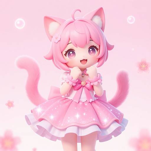 Cute anime-style digital illustration of a pink-haired, wide-eyed, cat-eared girl in a frilled pink dress, with a fluffy pink tail