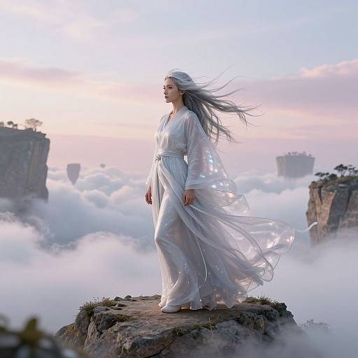 Digital artwork: Ethereal woman with long silver hair in flowing white robe stands on rocky cliff, surrounded by clouds and floating islands at sunrise.