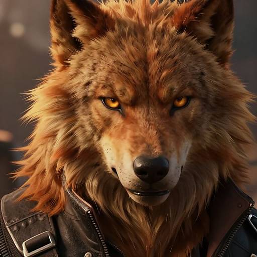 Photorealistic digital portrait of a fierce, orange-furred wolf with glowing amber eyes, wearing a black leather jacket, set against a blurred, dark