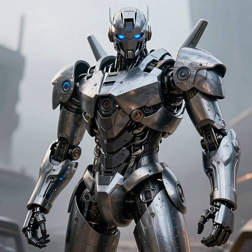 Photorealistic CGI of a silver, futuristic, humanoid robot with blue glowing eyes and intricate mechanical details, standing in a misty urban background.