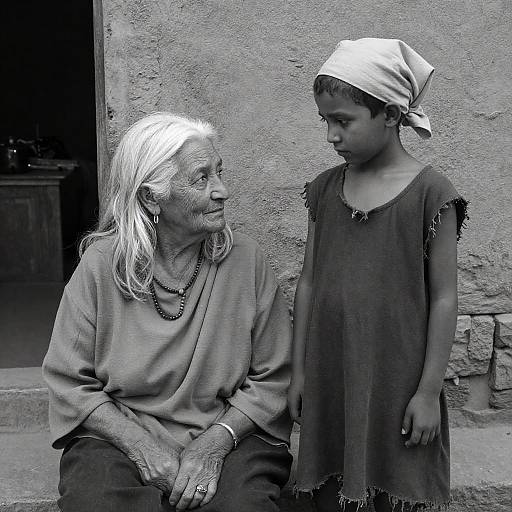 Somber Moments: Elderly Woman and Boy