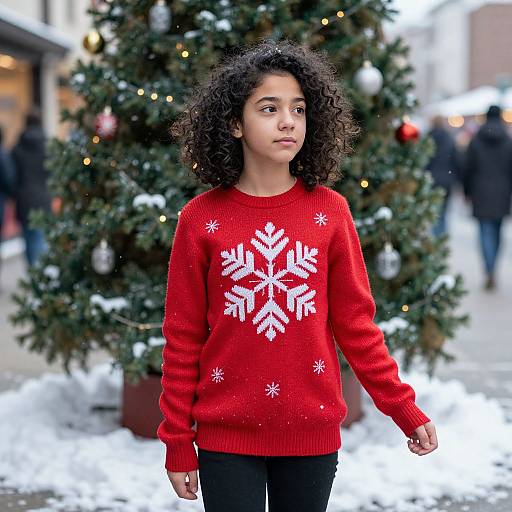 Photograph of a young girl with curly dark hair, wearing a red sweater with a large white snowflake, standing in front of decorated Christmas trees in