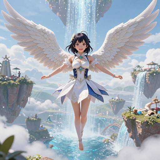 Digital anime-style artwork of a winged angel girl with black hair, white dress, and blue accents, floating mid-air above a vibrant, floating island