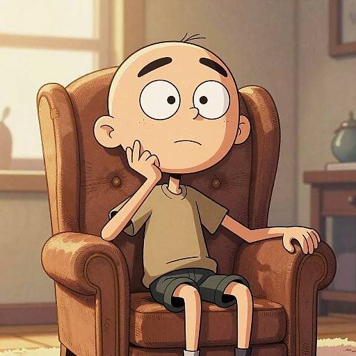Cartoon boy with bald head, wide eyes, and pensive expression sits on brown leather armchair in sunlit room. Wearing beige shirt,